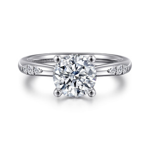 Gabriel & Co. ER16670R6W44JJ 14 karat white gold Contemporary engagement ring, front view of a round center on four ball-tipped prongs with stone clusters on the shoulders