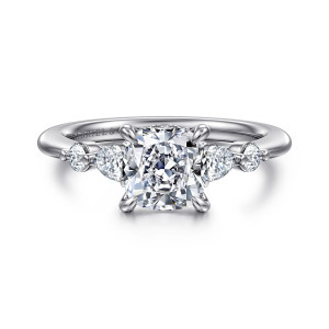Gabriel & Co. ER16677C6T44JJ 14 karat white and rose gold Contemporary engagement ring, front view of a cushion center flanked by an elongated stone and a smaller round stone