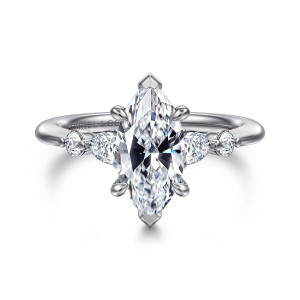 Gabriel & Co. ER16677M6T44JJ 14 karat white and rose gold Contemporary engagement ring, front view of a marquise center flanked by an elongated stone and a round stone on each side