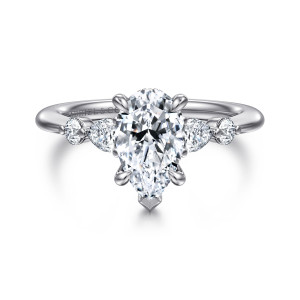 Gabriel & Co. ER16677P6T44JJ 14 karat white and rose gold Contemporary engagement ring, front view of a pear shaped center with a pointed tip and side stones on both shoulders
