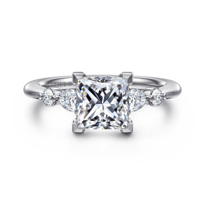 Gabriel & Co. ER16677S6T44JJ 14 karat white and rose gold Contemporary engagement ring, front view of a princess cut with an elongated and a round stone on each shoulder