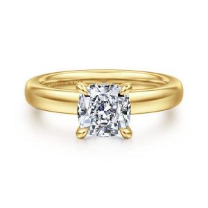 Gabriel & Co. ER16680C6Y44JJ 14 karat yellow gold Classic engagement ring, front view of a cushion cut center in rounded prongs on a broad domed band