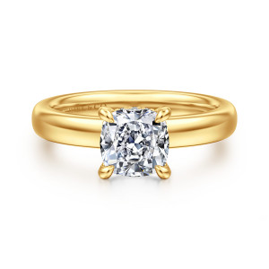Gabriel & Co. ER16680C6Y84JJ 18 karat yellow gold Classic engagement ring, front view of a cushion cut center with four rounded claws on a broad polished band