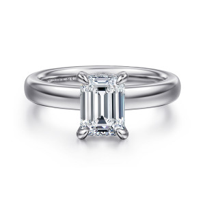 Gabriel & Co. ER16680E6W84JJ 18 karat white gold Classic engagement ring, front view of an emerald cut center between rounded prong tips over a broad polished band