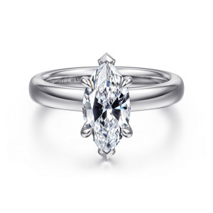 Gabriel & Co. ER16680M6W84JJ 18 karat white gold Classic engagement ring, front view of a long marquise center with pointed metal tips at each end and rounded side prongs