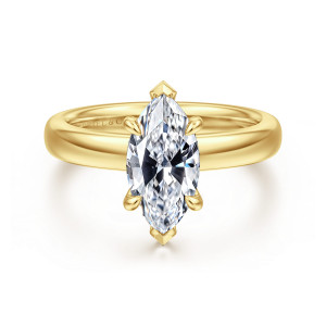 Gabriel & Co. ER16680M6Y44JJ 14 karat yellow gold Classic engagement ring, front view of a marquise center with pointed V tips at both ends on a wide domed band