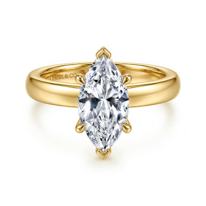 Gabriel & Co. ER16680M8Y44JJ 14 karat yellow gold Classic engagement ring, front view of a marquise center with pointed V tipped prongs at the ends