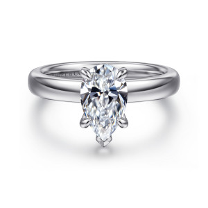 Gabriel & Co. ER16680P6PT4JJ platinum Classic engagement ring, front view of a pear shaped center with a V tip on a wide polished band