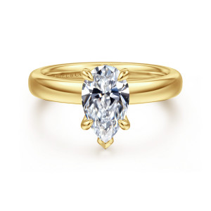 Gabriel & Co. ER16680P6Y44JJ 14 karat yellow gold Classic engagement ring, front view of a pear shaped center held by corner claws and a tip prong