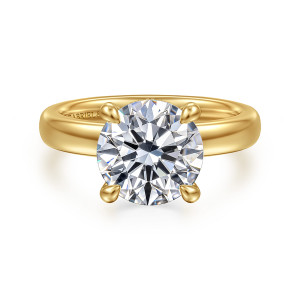 Gabriel & Co. ER16680R12Y44JJ 14 karat yellow gold Bujukan engagement ring, front view of a round center in four rounded claws on a broad smooth band