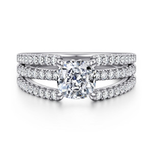 Gabriel & Co. ER16682C6W44JJ 14 karat white gold Contemporary engagement ring, front view of a cushion cut center rising between three parallel strands of small round diamonds