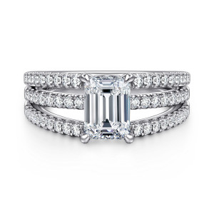 Gabriel & Co. ER16682E6W44JJ 14 karat white gold Contemporary engagement ring, front view of the emerald cut center in four prongs with three parallel rows of diamonds either side