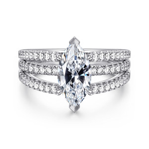 Gabriel & Co. ER16682M6W44JJ 14 karat white gold Contemporary engagement ring, front view of a marquise center between three diamond lined rows on each side