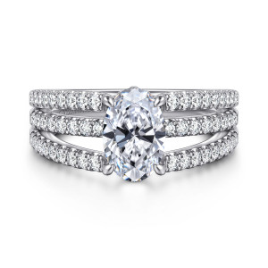 Gabriel & Co. ER16682O6W44JJ 14 karat white gold Contemporary engagement ring, front view of an oval center between three rows of small diamonds separated by narrow gaps