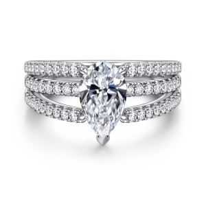 Gabriel & Co. ER16682P6W44JJ 14 karat white gold Contemporary engagement ring, front view of a pear shaped center between three rows of small diamonds with a pointed tip guard
