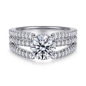 Gabriel & Co. ER16682R6W44JJ 14 karat white gold Contemporary engagement ring, front view of a round center between three rows of small diamonds parting at the head