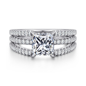 Gabriel & Co. ER16682S6W44JJ 14 karat white gold Contemporary engagement ring, front view of a princess cut center above three rows of small round stones