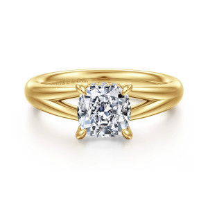Gabriel & Co. ER16683C6Y44JJ 14 karat yellow gold Contemporary engagement ring, front view of a cushion cut center with the band parting on both sides
