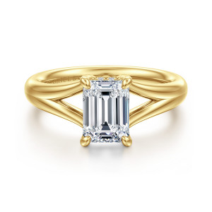 Gabriel & Co. ER16683E6Y44JJ 14 karat yellow gold Contemporary engagement ring, front view of an emerald cut center between split arms with open gaps on either side