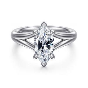 Gabriel & Co. ER16683M6W44JJ 14 karat white gold Contemporary engagement ring, front view of a marquise center with pointed prongs at each tip above the split band