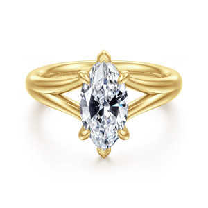 Gabriel & Co. ER16683M6Y44JJ 14 karat yellow gold Contemporary engagement ring, front view of a marquise center in six leaf tipped prongs above a split shank