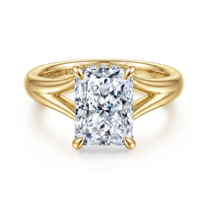 Gabriel & Co. ER16683N12Y44JJ 14 karat yellow gold Contemporary engagement ring, front view of a radiant cut center with claw prongs and a band split open on each side