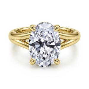 Gabriel & Co. ER16683O16Y44JJ 14 karat yellow gold Contemporary engagement ring, front view of an oval center with four rounded prongs and a split band opening at each shoulder