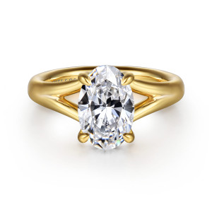 Gabriel & Co. ER16683O8Y44JJ 14 karat yellow gold Contemporary engagement ring, front view of an oval center on four prongs with the band opening into a split
