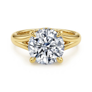 Gabriel & Co. ER16683R16Y44JJ 14 karat yellow gold Contemporary engagement ring, front view of the large round center in teardrop claws with the shank parting at each shoulder