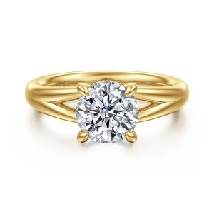 Gabriel & Co. ER16683R6Y44JJ 14 karat yellow gold Contemporary engagement ring, front view of a round center in four rounded prongs between the open gaps of a split band
