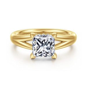 Gabriel & Co. ER16683S6Y44JJ 14 karat yellow gold Contemporary engagement ring, front view of a princess cut center gripped at its corners above a split band with open gaps