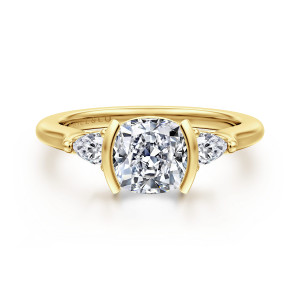 Gabriel & Co. ER16685C6Y44JJ 14 karat yellow gold Contemporary engagement ring, front view of a cushion center between smooth side bars with a pear shaped stone on each side