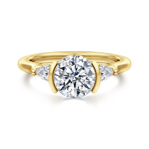 Gabriel & Co. ER16685R6Y44JJ 14 karat yellow gold Contemporary engagement ring, front view of a round center gripped by upright bars with a pear shaped stone at each side