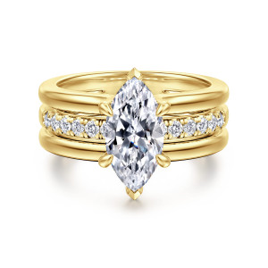 Gabriel & Co. ER16686M6Y44JJ 14 karat yellow gold Contemporary engagement ring, front view of a marquise center above a row of round diamonds between two smooth ribs