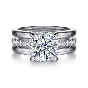 Gabriel & Co. ER16686R12W44JJ 14 karat white gold Contemporary engagement ring, front view of a round center over a wide band with diamonds set between polished rails
