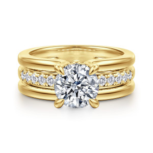 Gabriel & Co. ER16686R6Y44JJ 14 karat yellow gold Contemporary engagement ring, front view of a round center between smooth outer tiers and a rail of small diamonds