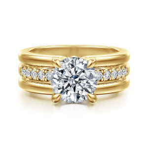 Gabriel & Co. ER16686R8Y44JJ 14 karat yellow gold Contemporary engagement ring, front view of a round center on four slim prongs above a diamond set middle rib