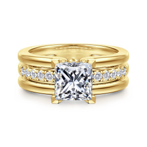 Gabriel & Co. ER16686S6Y44JJ 14 karat yellow gold Contemporary engagement ring, front view of a princess cut center with a diamond rail set between two smooth rails