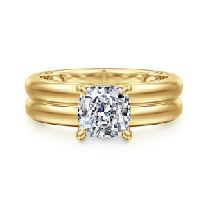 Gabriel & Co. ER16687C6Y44JJ 14 karat yellow gold Bujukan engagement ring, front view of a cushion center on four claw prongs above a wide band with a center groove