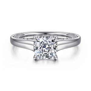Gabriel & Co. ER16691C6W44JJ 14 karat white gold Classic engagement ring, front view of a cushion cut center on four claw prongs above a smooth polished band