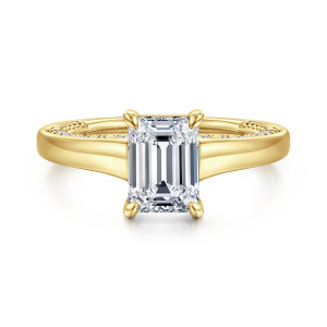 Gabriel & Co. ER16691E6Y44JJ 14 karat yellow gold Classic engagement ring, front view of an emerald cut center above a wide smooth band with beading glimpsed inside