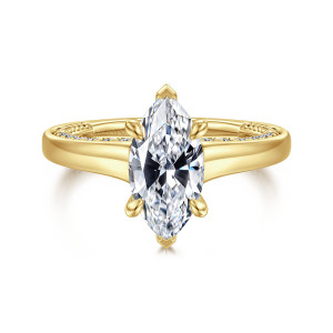 Gabriel & Co. ER16691M6Y44JJ 14 karat yellow gold Classic engagement ring, front view of a marquise center on six prongs above broad shoulders lined with stones inside