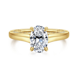 Gabriel & Co. ER16691O6Y44JJ 14 karat yellow gold Classic engagement ring, front view of an oval center on smooth polished shoulders with beaded edges just showing inside