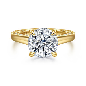 Gabriel & Co. ER16691R12Y44JJ 14 karat yellow gold Classic engagement ring, front view of a round center held by rounded claws above smooth rising shoulders