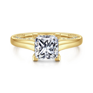 Gabriel & Co. ER16691S6Y44JJ 14 karat yellow gold Classic engagement ring, front view of the princess cut center in corner prongs with a polished band and beaded inner rim