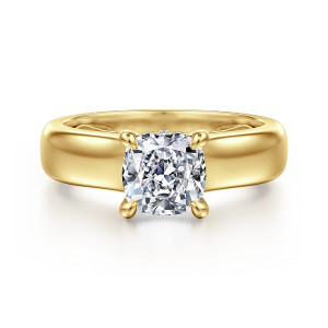 Gabriel & Co. ER16692C6Y44JJ 14 karat yellow gold Bujukan engagement ring, front view of a cushion cut center with teardrop tipped prongs on a broad, smooth band