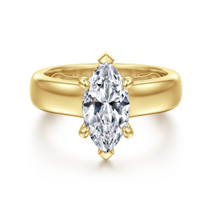 Gabriel & Co. ER16692M6Y44JJ 14 karat yellow gold Bujukan engagement ring, front view of the marquise center with pointed end prongs on a wide, smooth domed band