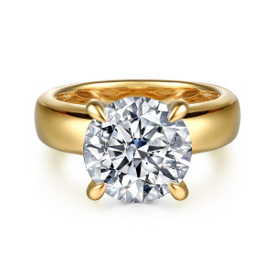 Gabriel & Co. ER16692R16Y44JJ 14 karat yellow gold Bujukan engagement ring, front view of a large round center gripped by four rounded teardrop prongs