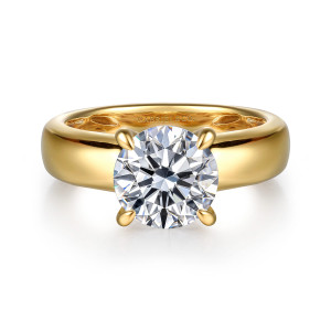 Gabriel & Co. ER16692R8Y44JJ 14 karat yellow gold Bujukan engagement ring, front view of a round center held by four rounded prongs above a wide smooth band