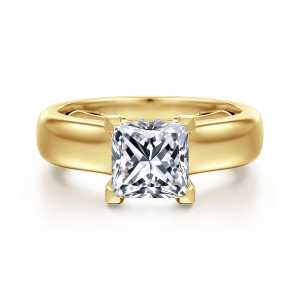 Gabriel & Co. ER16692S6Y44JJ 14 karat yellow gold Bujukan engagement ring, front view of a princess cut center held by four square cornered prongs on a wide band